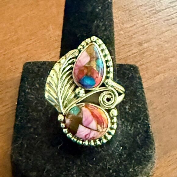 Unique Pink Dahlia Copper Turquoise Statement Ring Southwestern Double Stone 9 - Picture 2 of 6